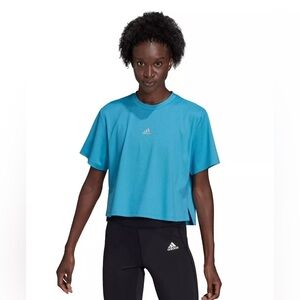 NWT Adidas Zoe Saldana Women's Aqua Blue Short Sleeve Slit T-Shirt Large